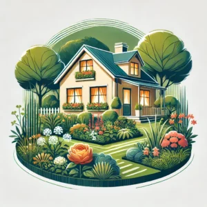 DALL·E 2024-10-24 16.44.02 - A home with a beautiful garden, representing stability and shelter. The house is warm and inviting, surrounded by well-maintained greenery, flowers, a