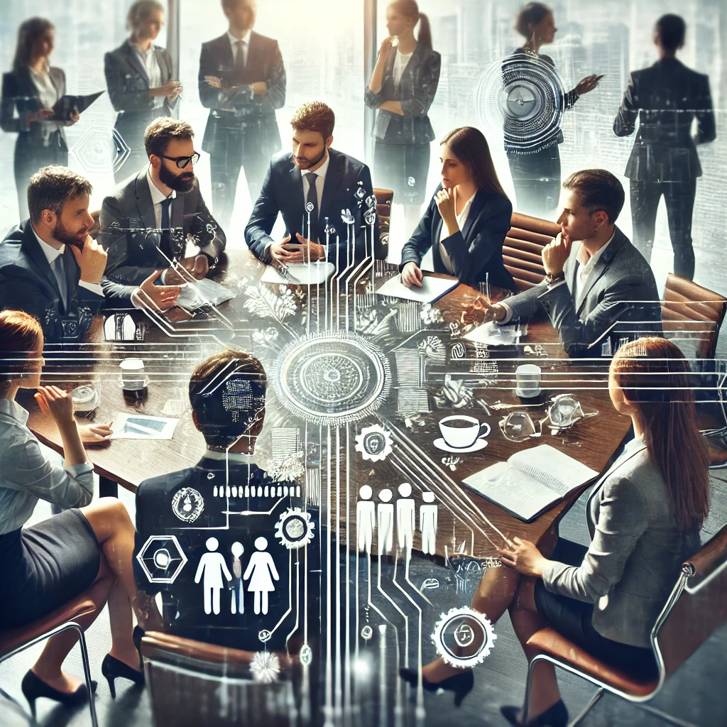 DALL·E 2024-10-24 16.55.30 - A group of professionals engaged in a discussion, symbolizing teamwork and dedication. The setting is a modern office or conference room, with individ
