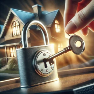 DALL·E 2024-10-24 16.56.05 - A close-up image of a lock and key on the door of a home, symbolizing the importance of estate security and planning. The key is being inserted into t